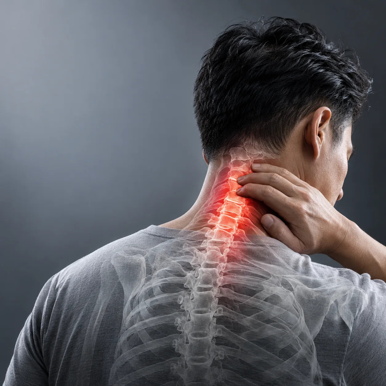 Conceptual illustration of a man touching his neck, with a translucent spine overlay and red neck highlight
