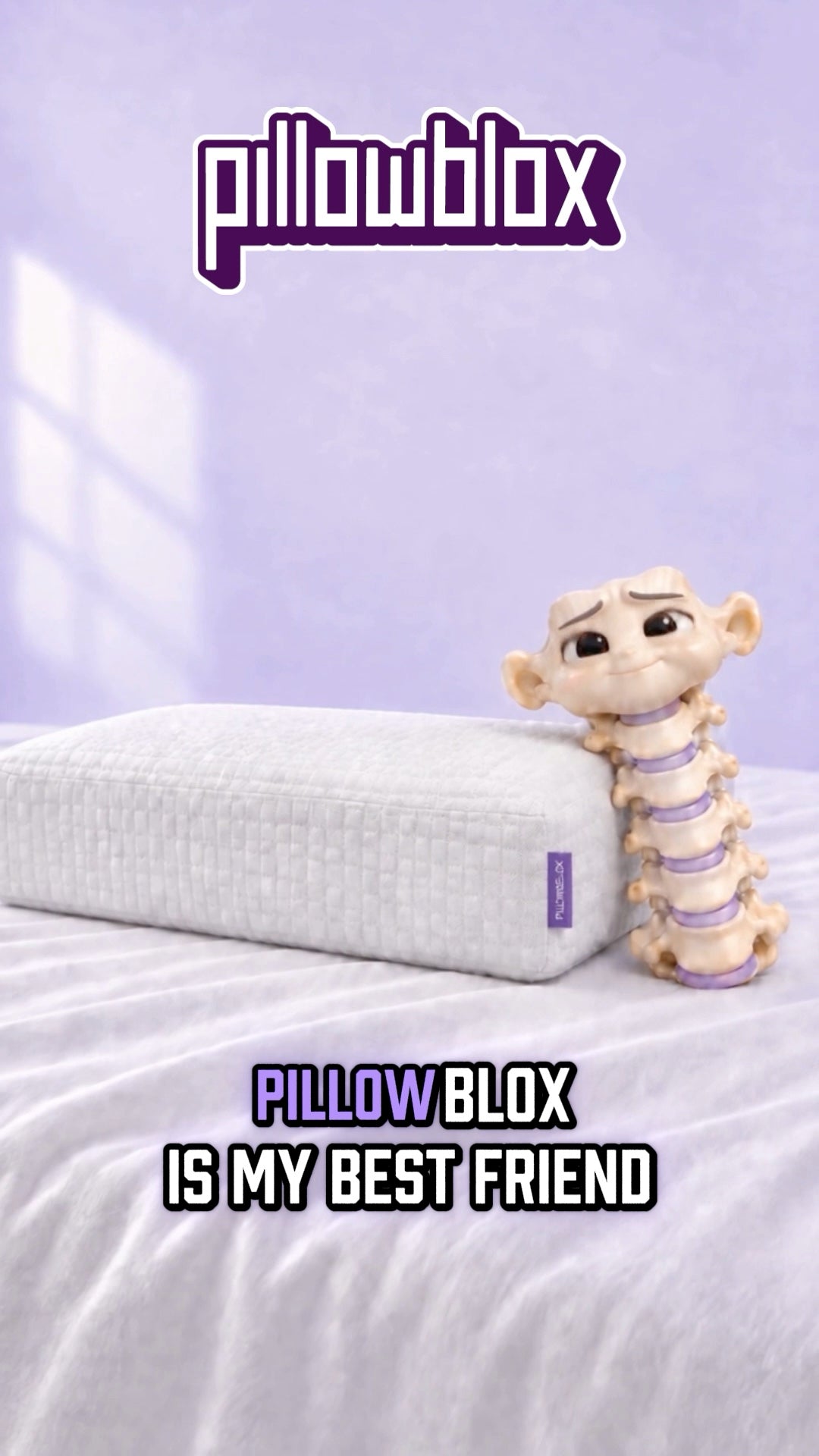 The neck character from the ad beside a Pillowblox pillow